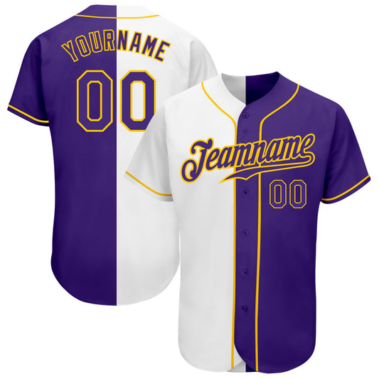 Custom White Purple-Gold Authentic Split Fashion Baseball Jersey - Main View