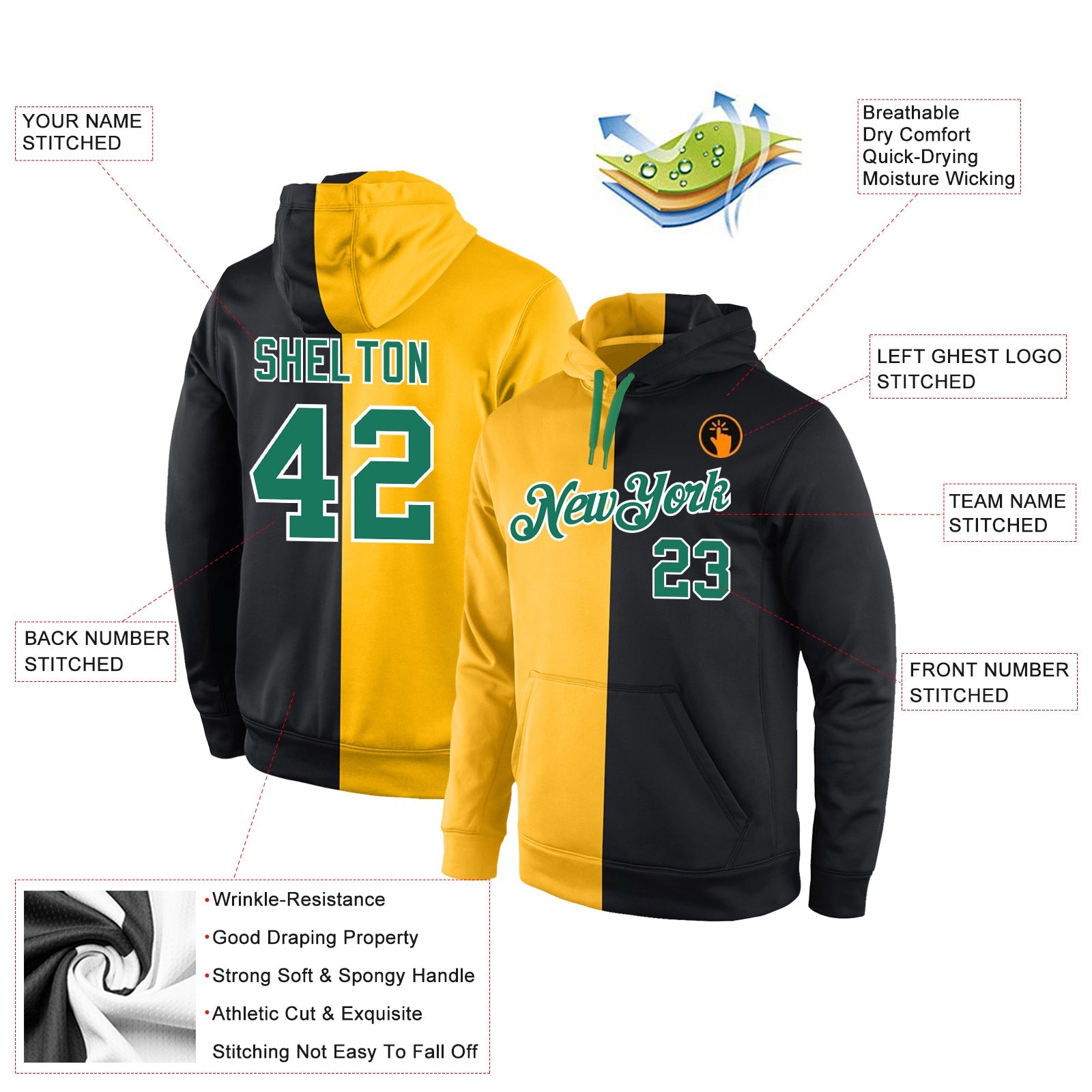 Custom Stitched Gold Kelly Green-Black Split Fashion Sports Pullover Sweatshirt Hoodie view 4