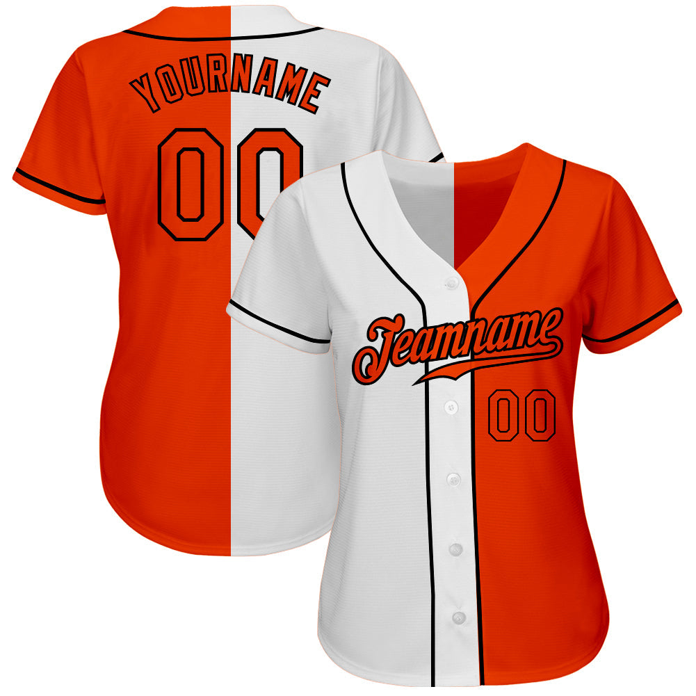 Custom White Orange-Black Authentic Split Fashion Baseball Jersey view 2