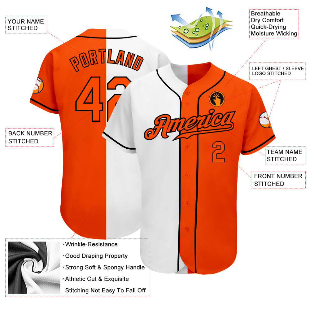 Custom White Orange-Black Authentic Split Fashion Baseball Jersey view 3