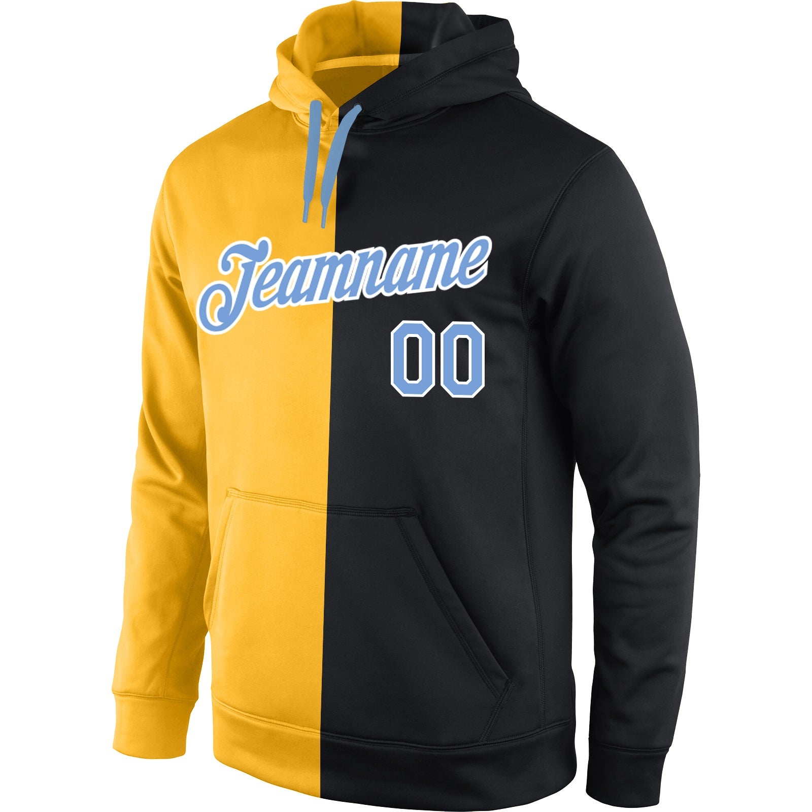 Custom Stitched Gold Light Blue-Black Split Fashion Sports Pullover Sweatshirt Hoodie view 2