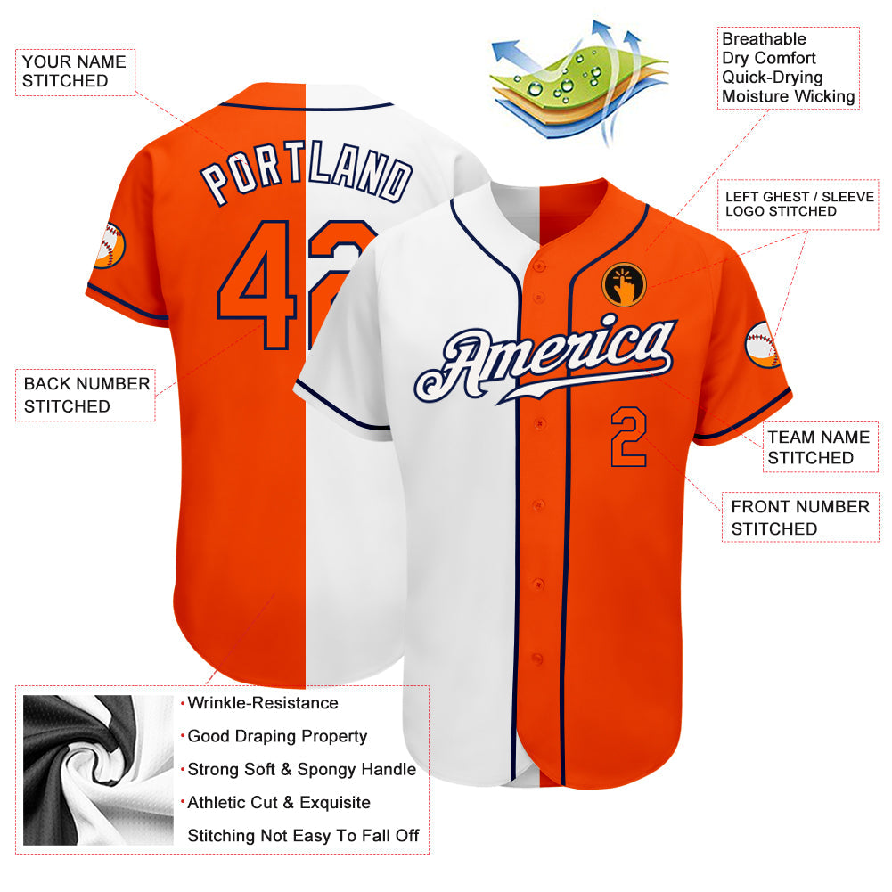 Custom White Orange-Navy Authentic Split Fashion Baseball Jersey view 3