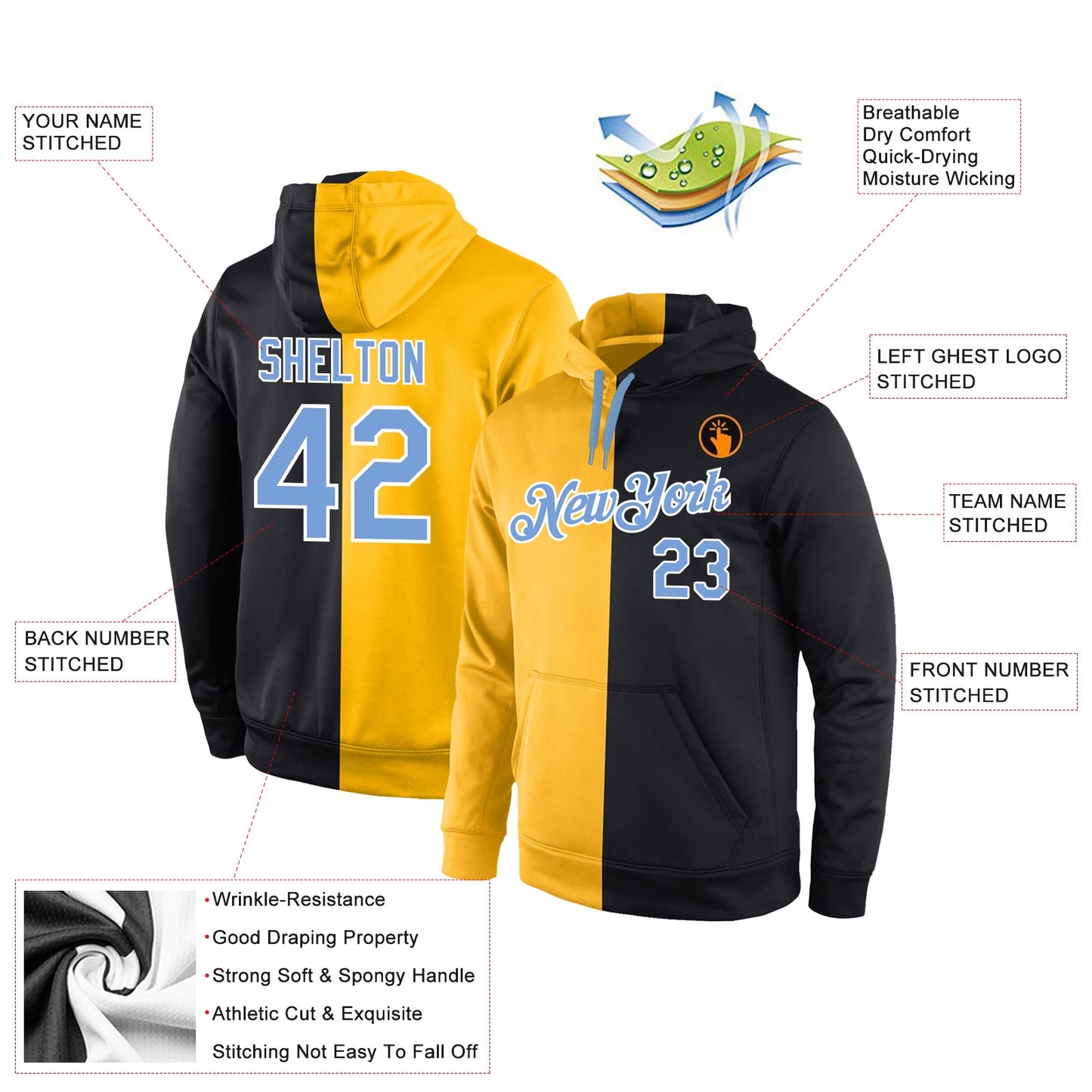 Custom Stitched Gold Light Blue-Black Split Fashion Sports Pullover Sweatshirt Hoodie view 4
