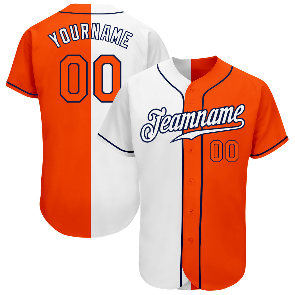 Custom White Orange-Navy Authentic Split Fashion Baseball Jersey - Main View