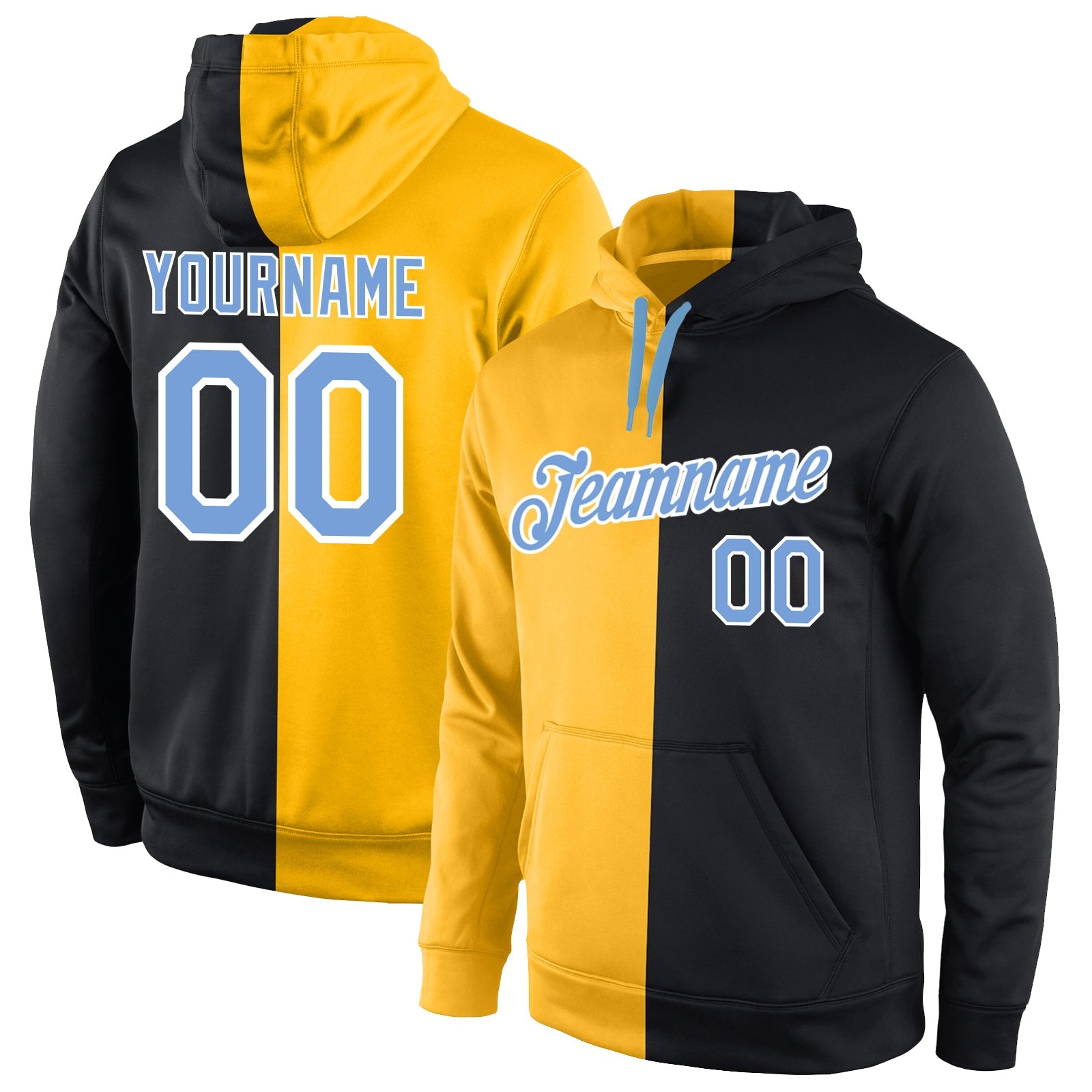Custom Stitched Gold Light Blue-Black Split Fashion Sports Pullover Sweatshirt Hoodie - Main View