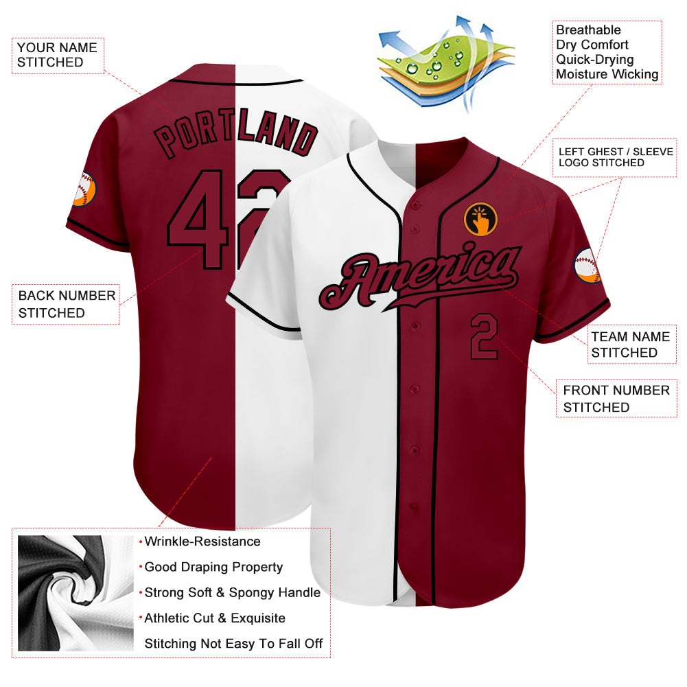 Custom White Crimson-Black Authentic Split Fashion Baseball Jersey view 3