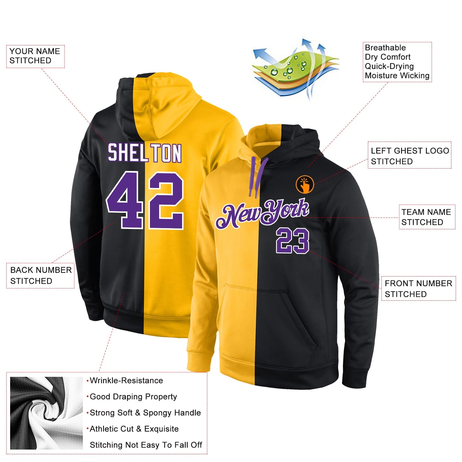 Custom Stitched Gold Purple-Black Split Fashion Sports Pullover Sweatshirt Hoodie view 4