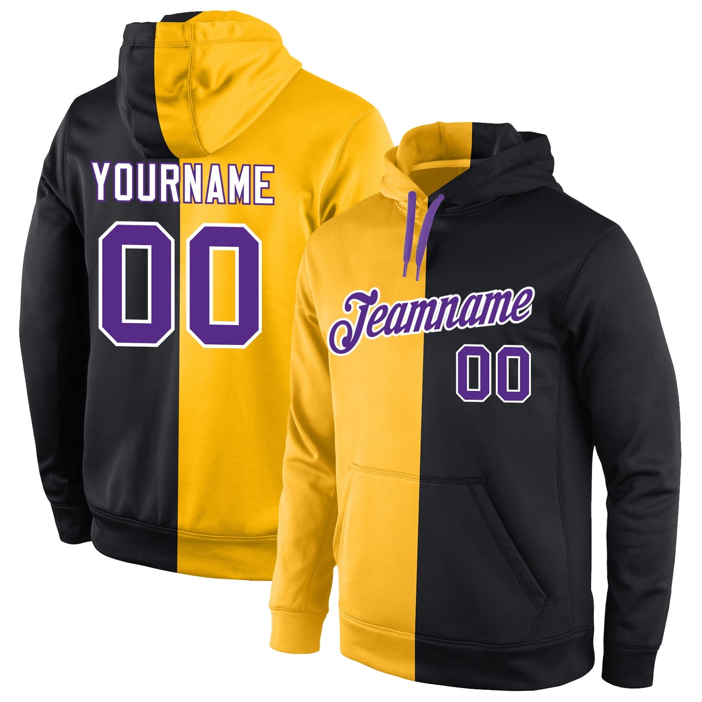 Custom Stitched Gold Purple-Black Split Fashion Sports Pullover Sweatshirt Hoodie - Main View