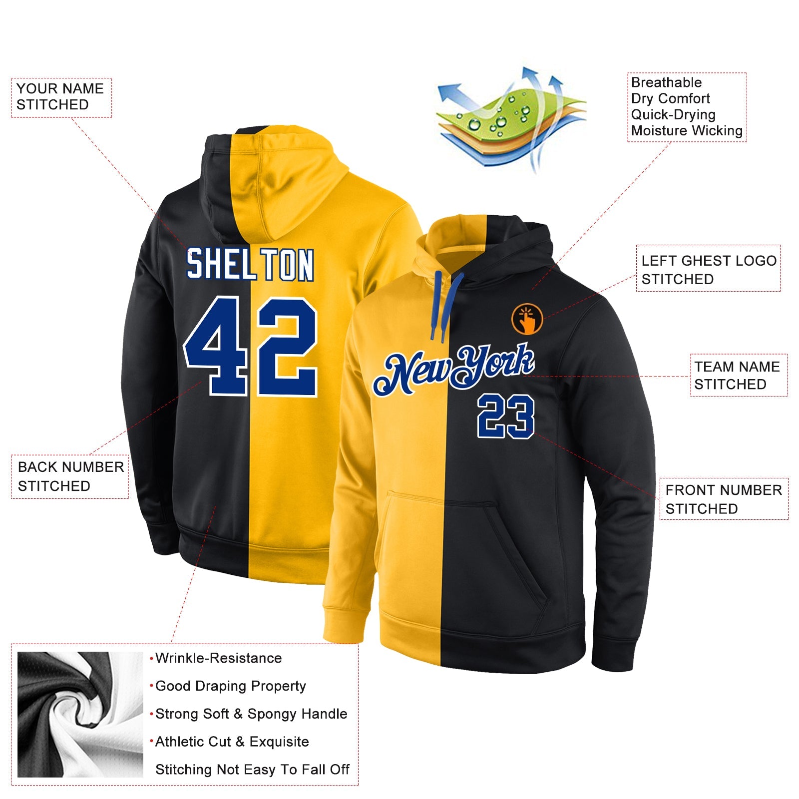 Custom Stitched Gold Royal-Black Split Fashion Sports Pullover Sweatshirt Hoodie view 4