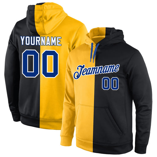Custom Stitched Gold Royal-Black Split Fashion Sports Pullover Sweatshirt Hoodie - Main View