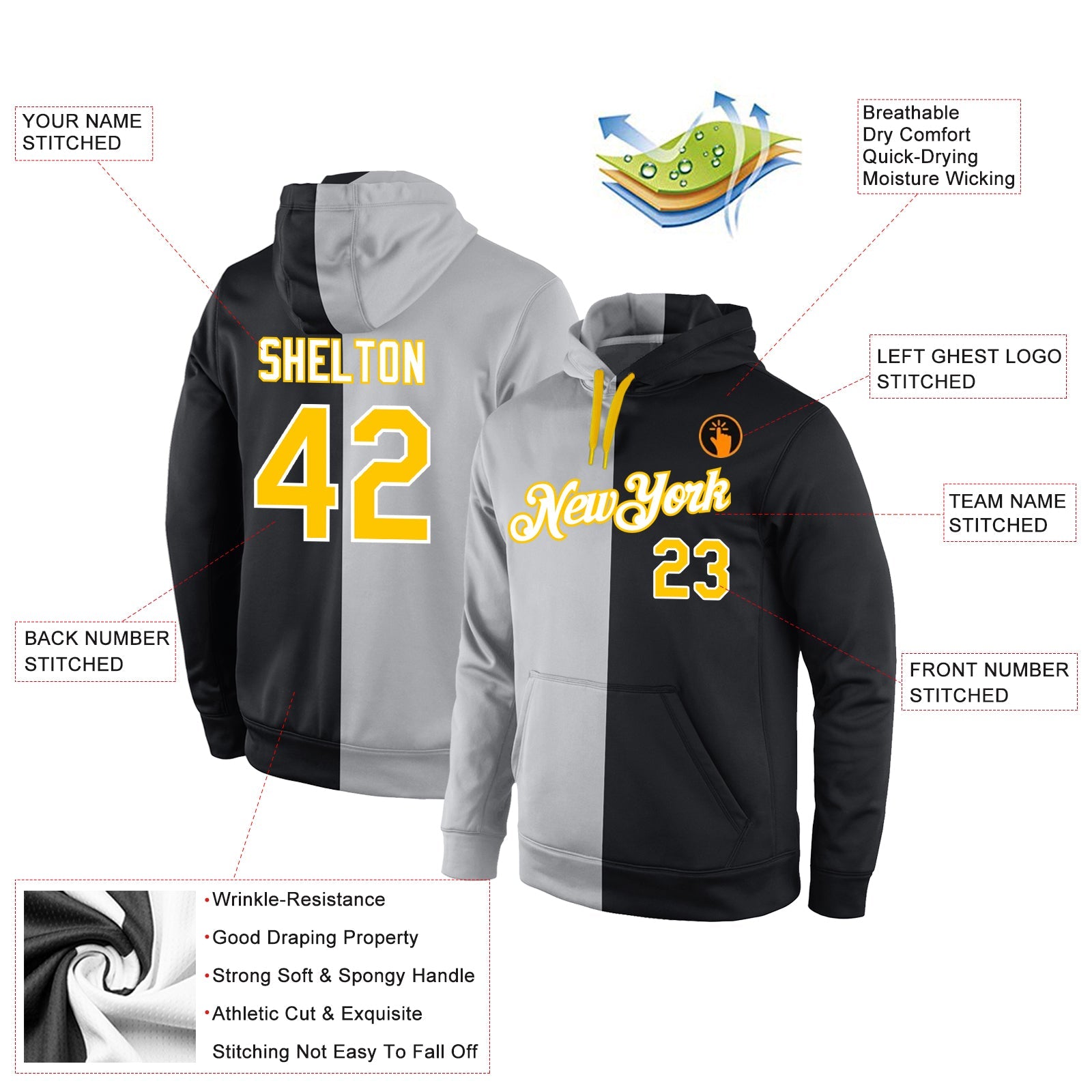 Custom Stitched Gray Gold-Black Split Fashion Sports Pullover Sweatshirt Hoodie view 4