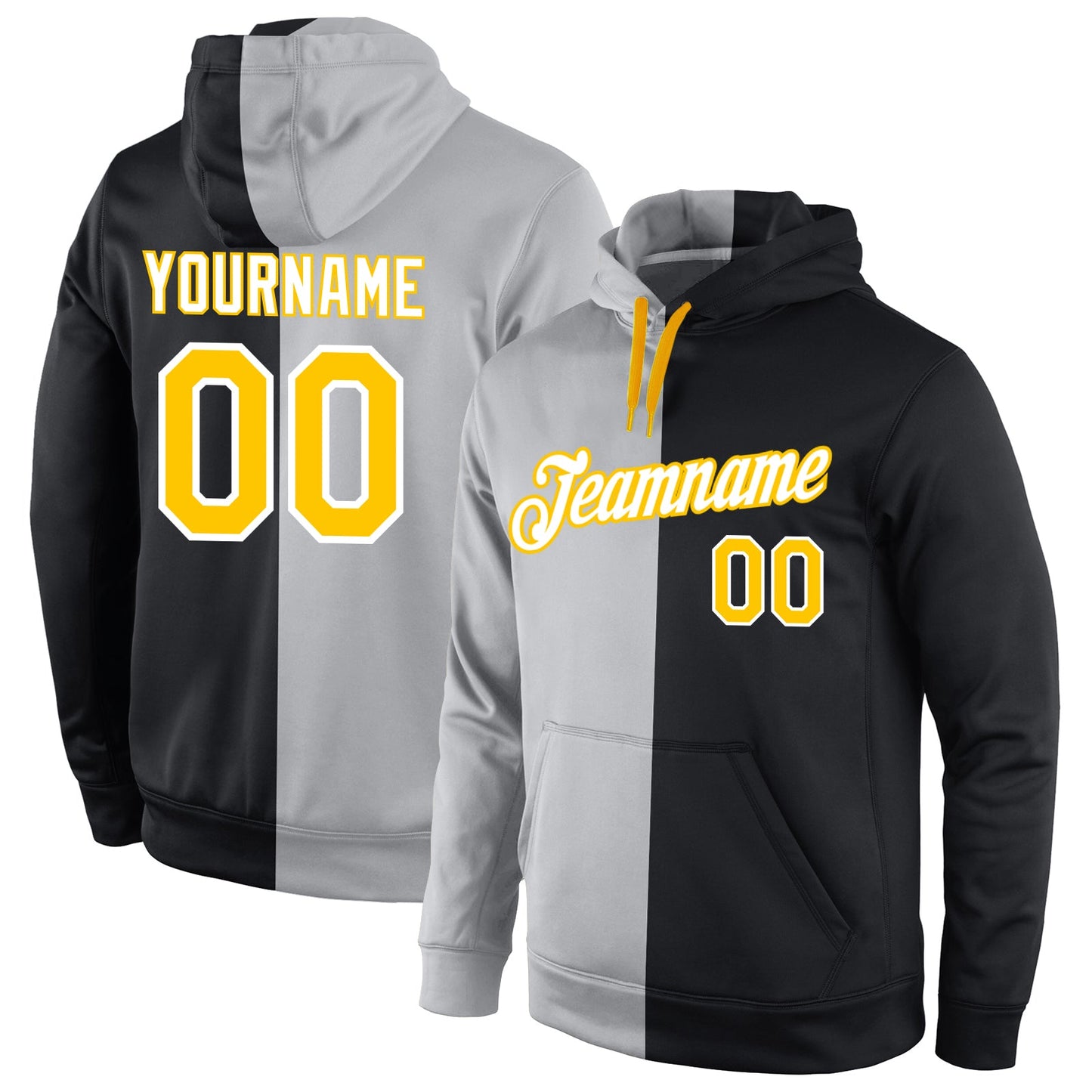 Custom Stitched Gray Gold-Black Split Fashion Sports Pullover Sweatshirt Hoodie - Main View