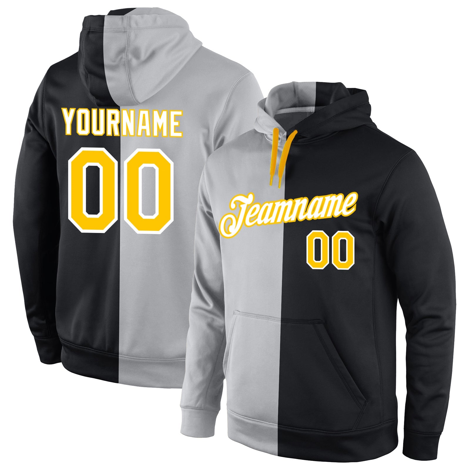 Custom Stitched Gray Gold-Black Split Fashion Sports Pullover Sweatshirt Hoodie - Main View