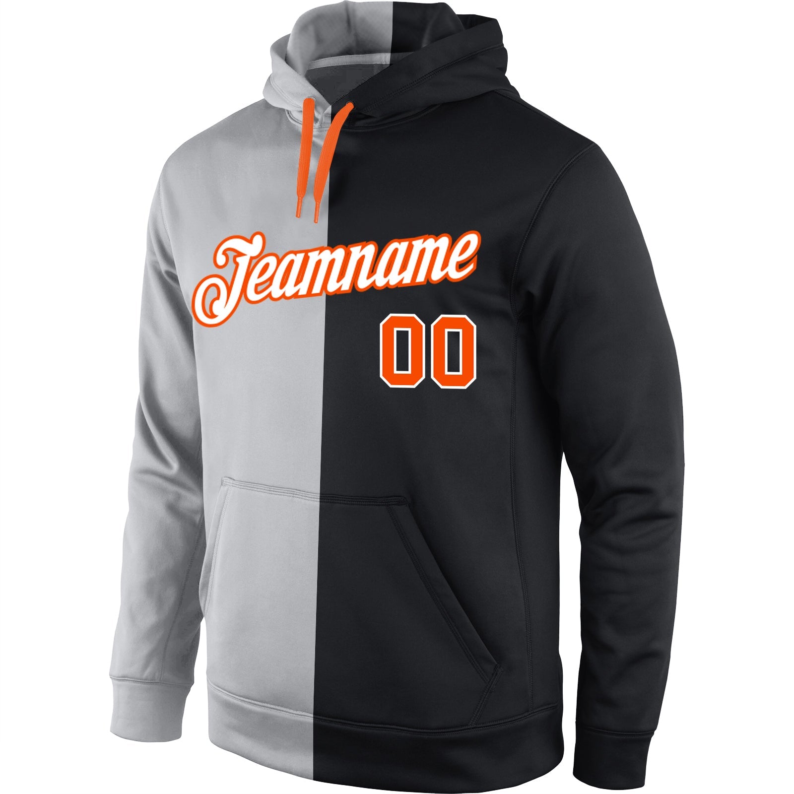 Custom Stitched Gray Orange-Black Split Fashion Sports Pullover Sweatshirt Hoodie view 2