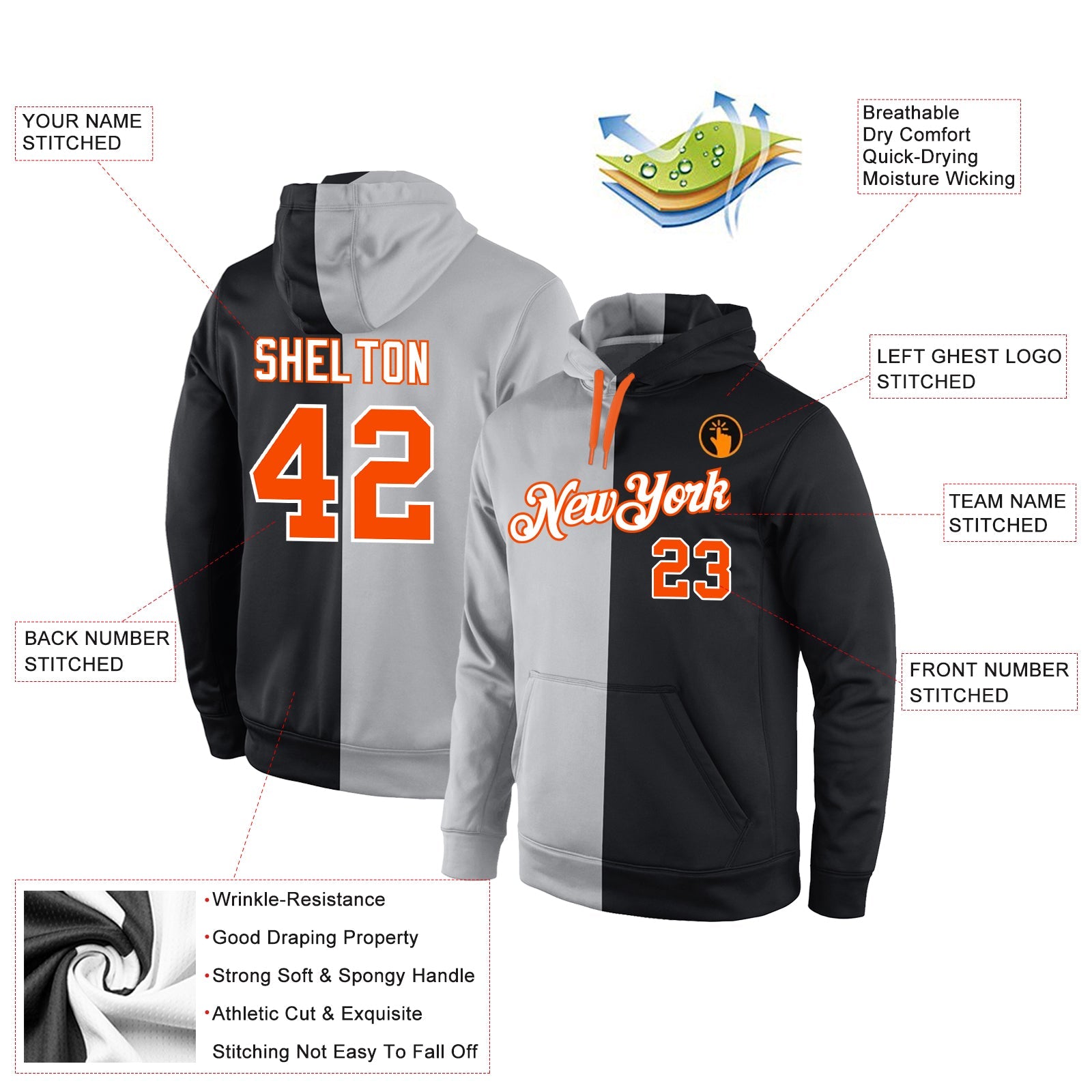 Custom Stitched Gray Orange-Black Split Fashion Sports Pullover Sweatshirt Hoodie view 4