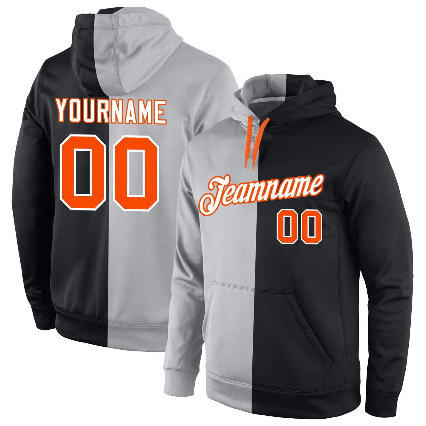 Custom Stitched Gray Orange-Black Split Fashion Sports Pullover Sweatshirt Hoodie - Main View