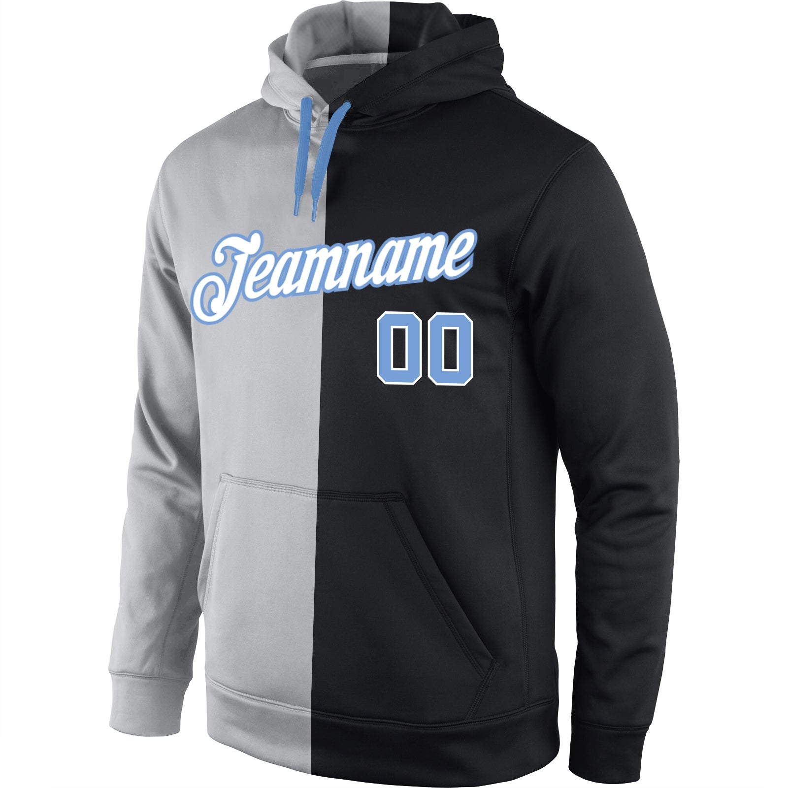 Custom Stitched Gray Light Blue-Black Split Fashion Sports Pullover Sweatshirt Hoodie view 2