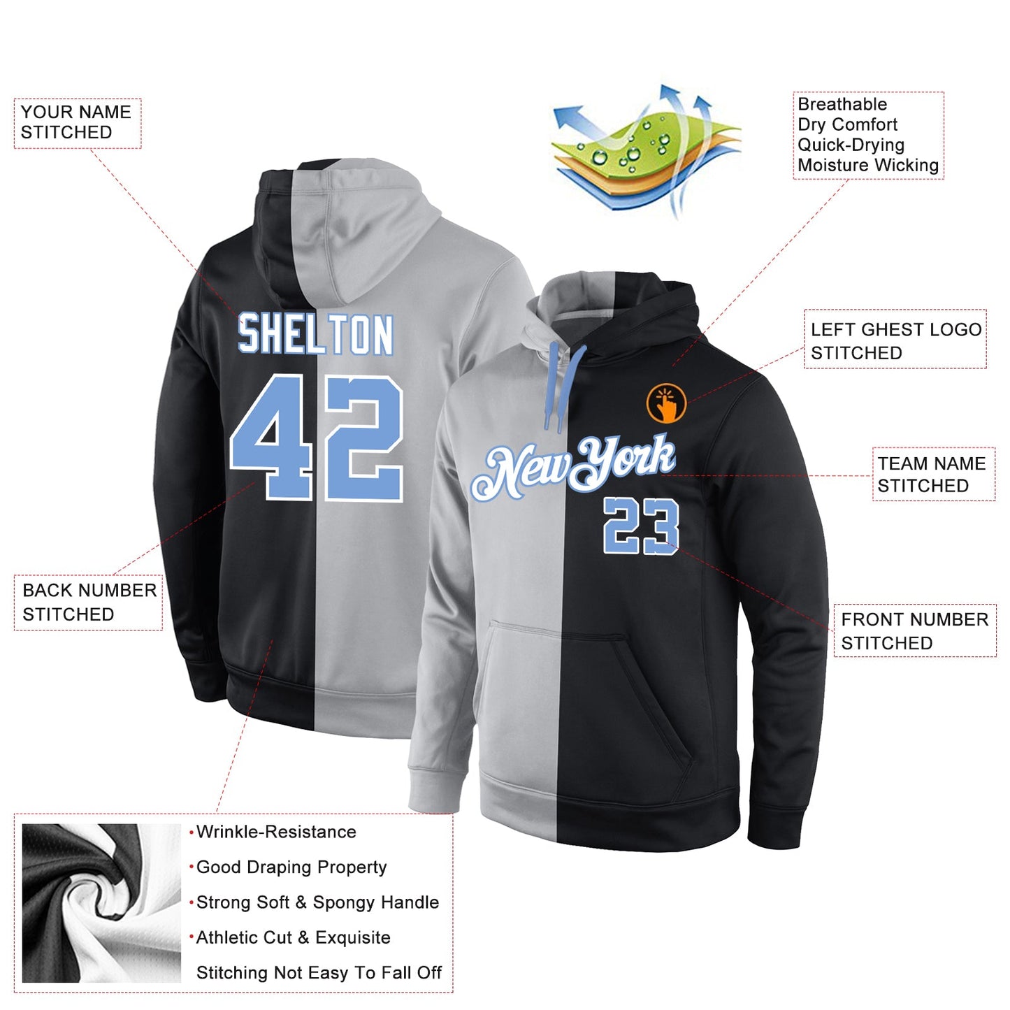 Custom Stitched Gray Light Blue-Black Split Fashion Sports Pullover Sweatshirt Hoodie view 4