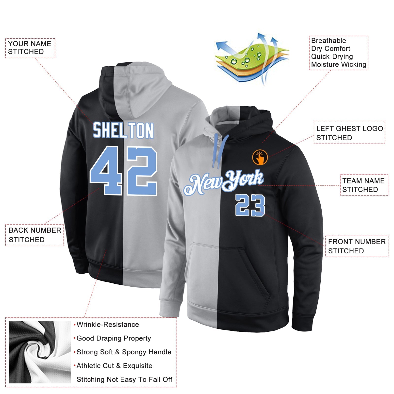 Custom Stitched Gray Light Blue-Black Split Fashion Sports Pullover Sweatshirt Hoodie view 4