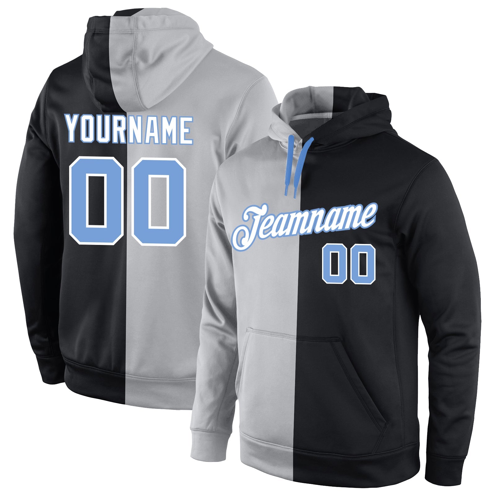 Custom Stitched Gray Light Blue-Black Split Fashion Sports Pullover Sweatshirt Hoodie - Main View
