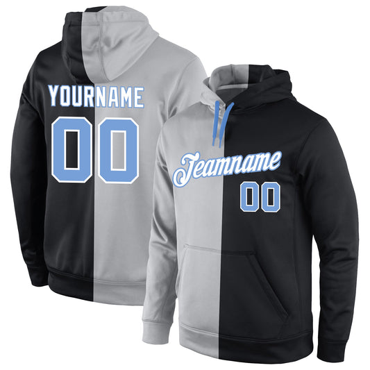 Custom Stitched Gray Light Blue-Black Split Fashion Sports Pullover Sweatshirt Hoodie - Main View