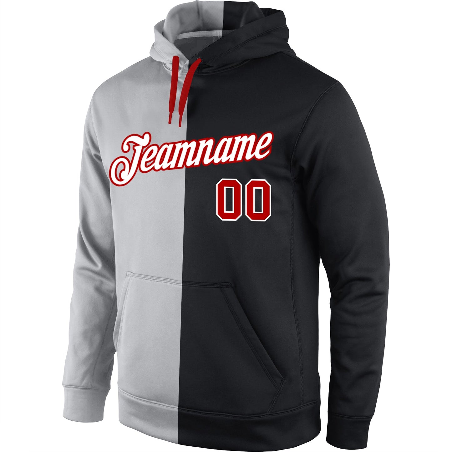 Custom Stitched Gray Red-Black Split Fashion Sports Pullover Sweatshirt Hoodie view 2