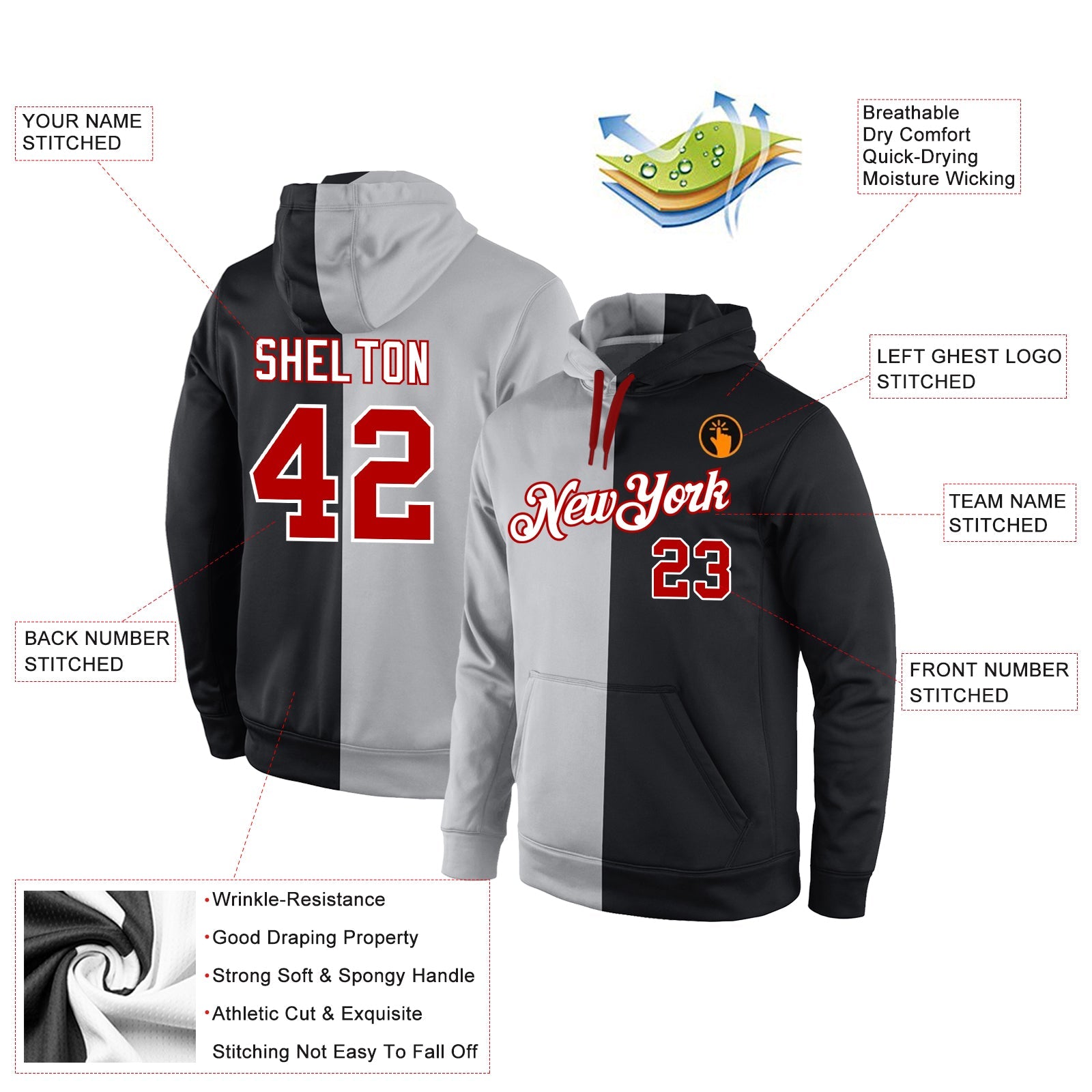 Custom Stitched Gray Red-Black Split Fashion Sports Pullover Sweatshirt Hoodie view 4