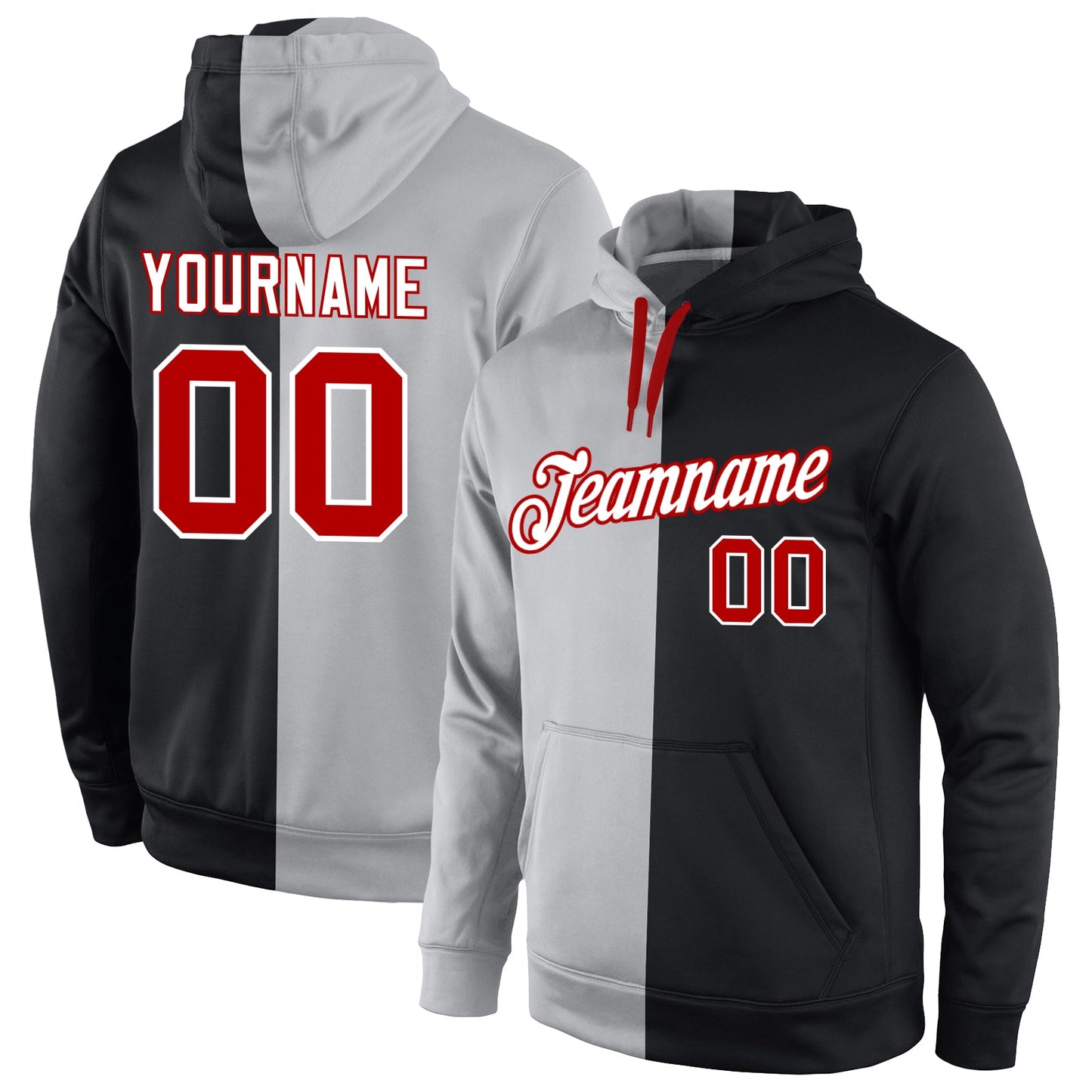 Custom Stitched Gray Red-Black Split Fashion Sports Pullover Sweatshirt Hoodie - Main View