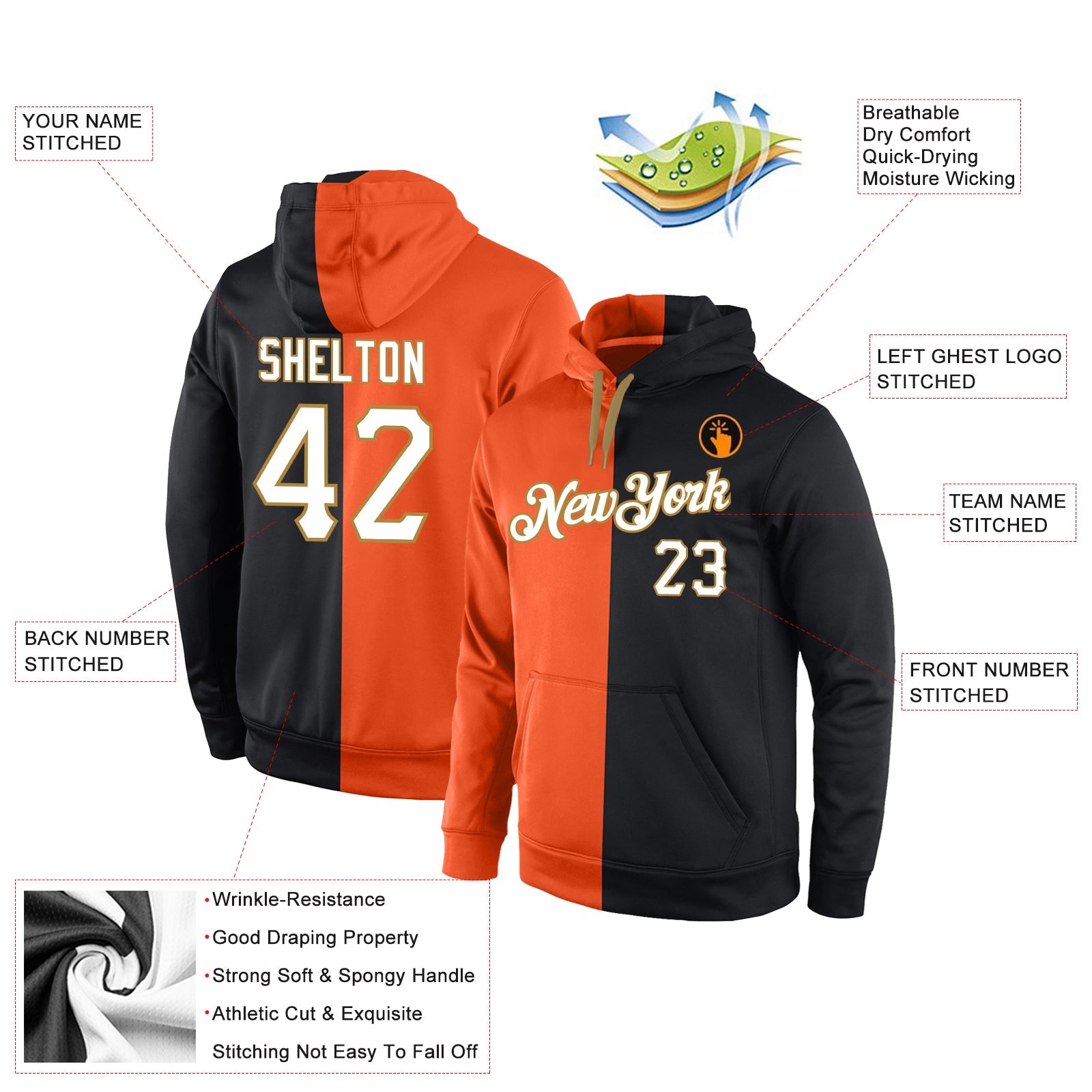Custom Stitched Orange White-Black Split Fashion Sports Pullover Sweatshirt Hoodie view 4