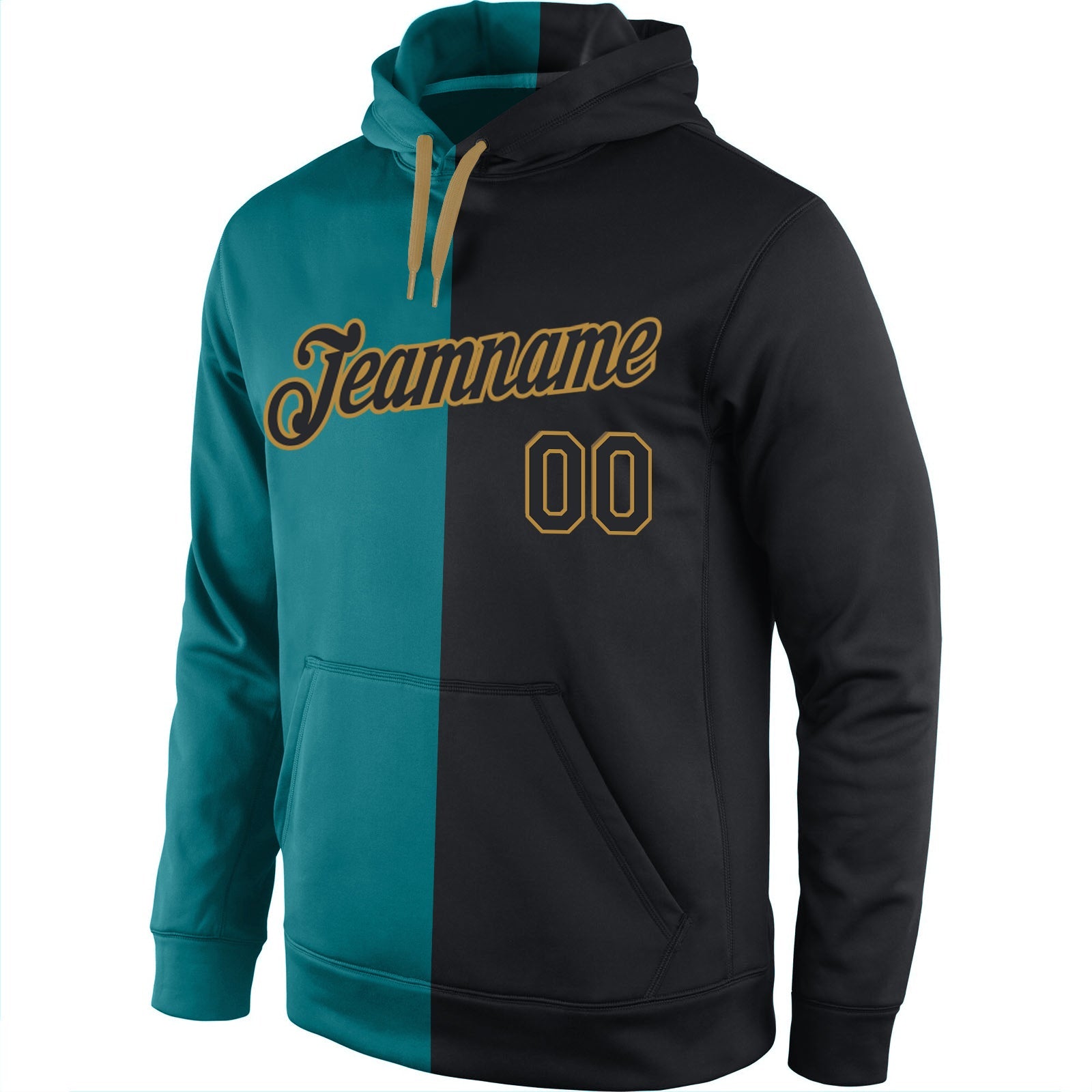 Custom Stitched Aqua Black-Old Gold Split Fashion Sports Pullover Sweatshirt Hoodie view 2