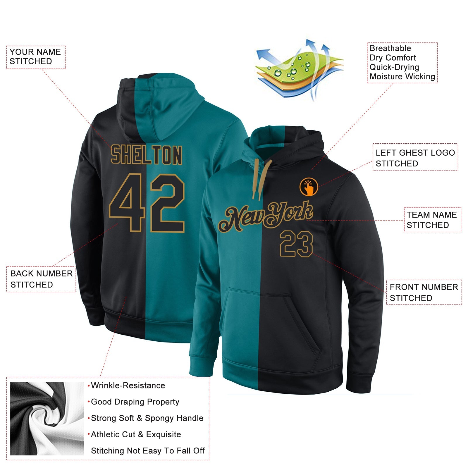 Custom Stitched Aqua Black-Old Gold Split Fashion Sports Pullover Sweatshirt Hoodie view 4