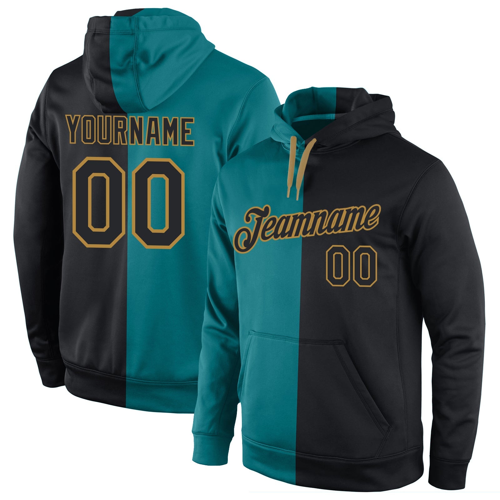 Custom Stitched Aqua Black-Old Gold Split Fashion Sports Pullover Sweatshirt Hoodie - Main View