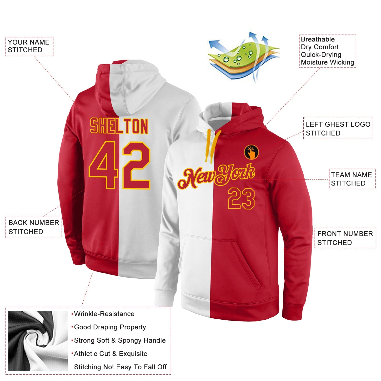 Custom Stitched White Red-Gold Split Fashion Sports Pullover Sweatshirt Hoodie view 4