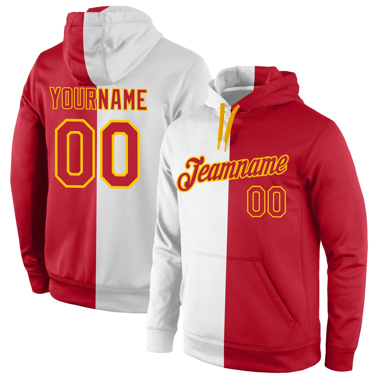 Custom Stitched White Red-Gold Split Fashion Sports Pullover Sweatshirt Hoodie - Main View