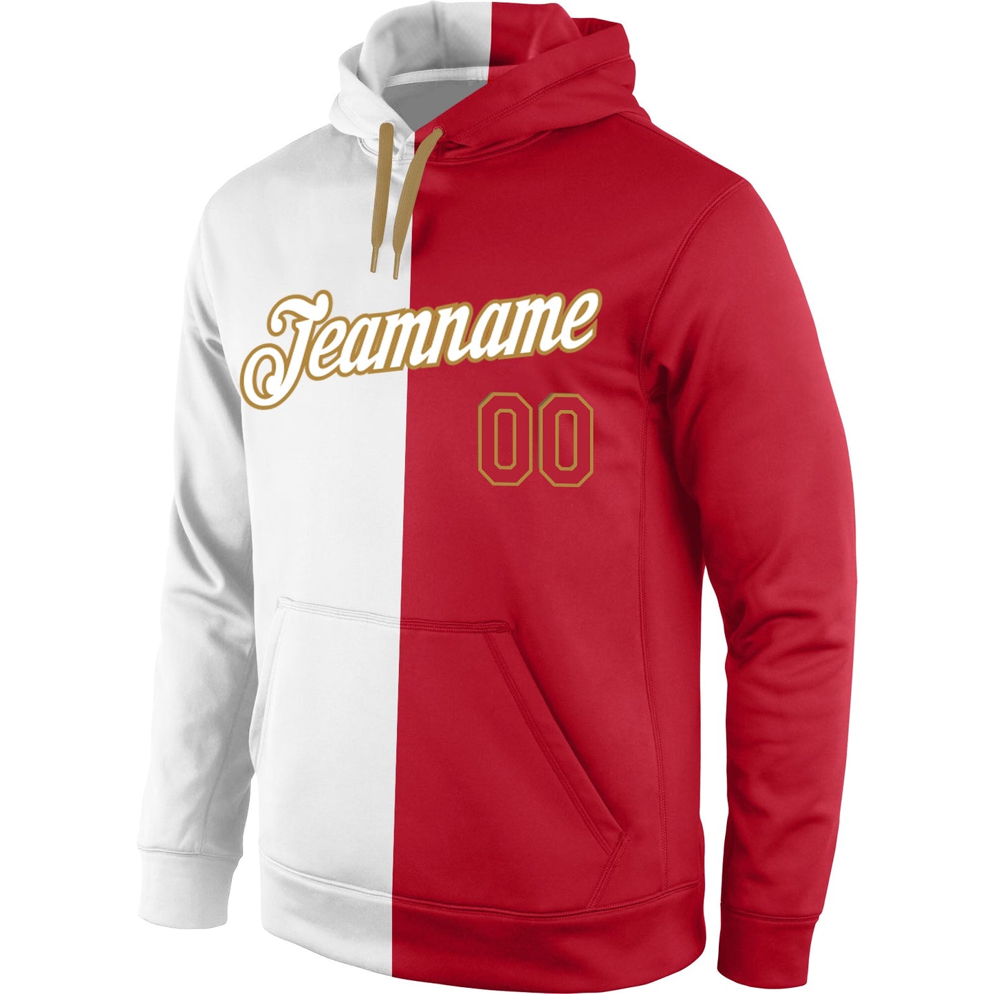 Custom Stitched White Red-Old Gold Split Fashion Sports Pullover Sweatshirt Hoodie view 2