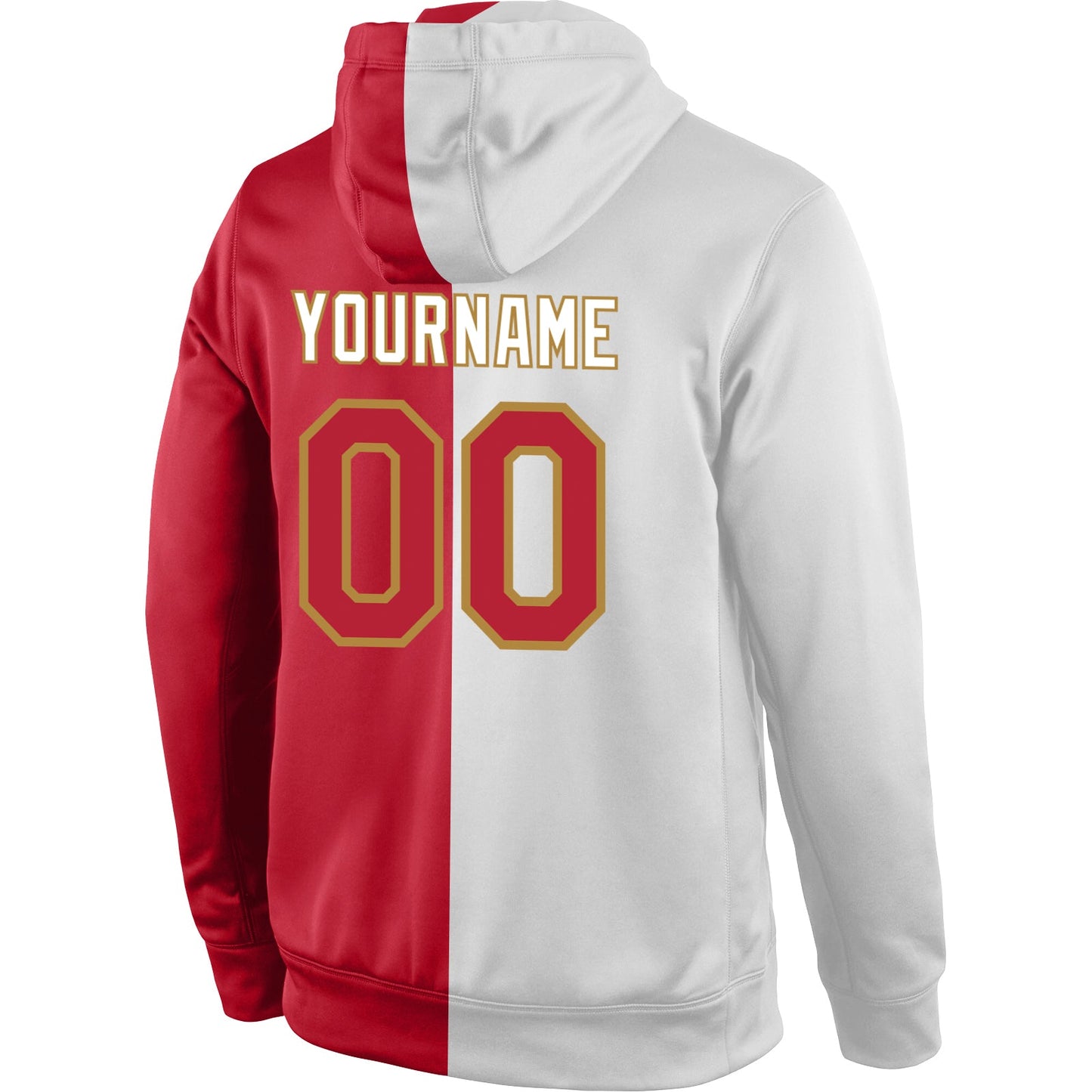 Custom Stitched White Red-Old Gold Split Fashion Sports Pullover Sweatshirt Hoodie view 3