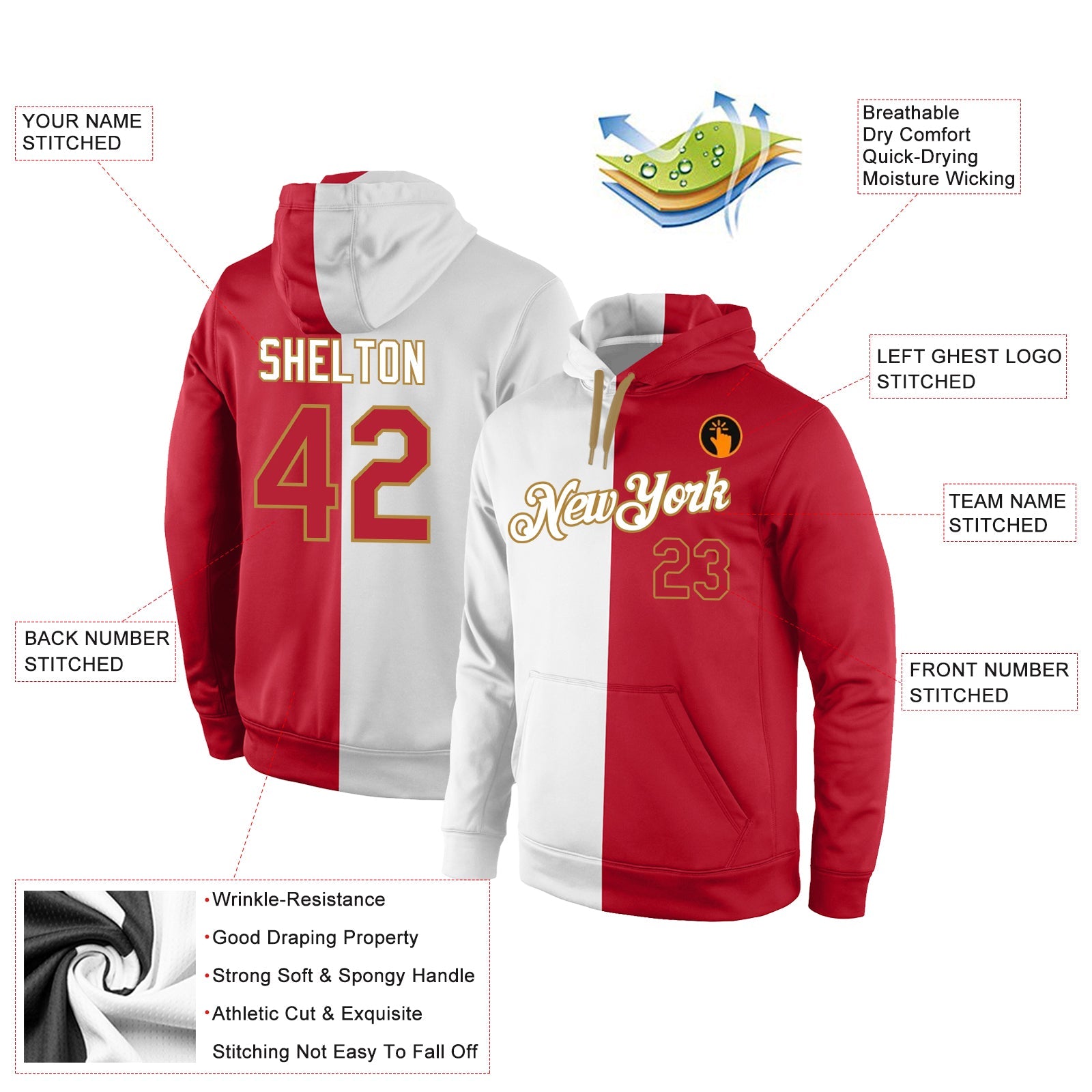 Custom Stitched White Red-Old Gold Split Fashion Sports Pullover Sweatshirt Hoodie view 4