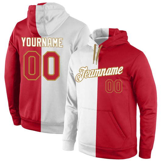 Custom Stitched White Red-Old Gold Split Fashion Sports Pullover Sweatshirt Hoodie - Main View