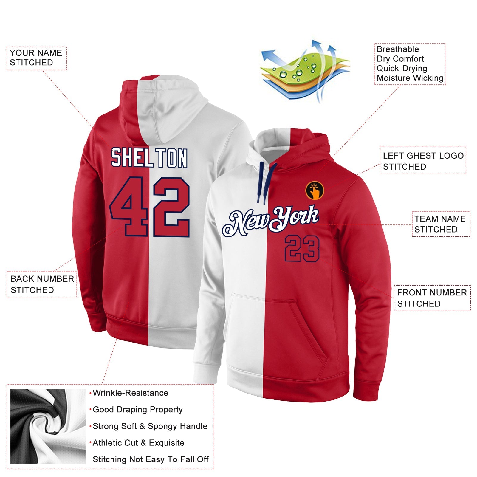 Custom Stitched White Red-Navy Split Fashion Sports Pullover Sweatshirt Hoodie view 4