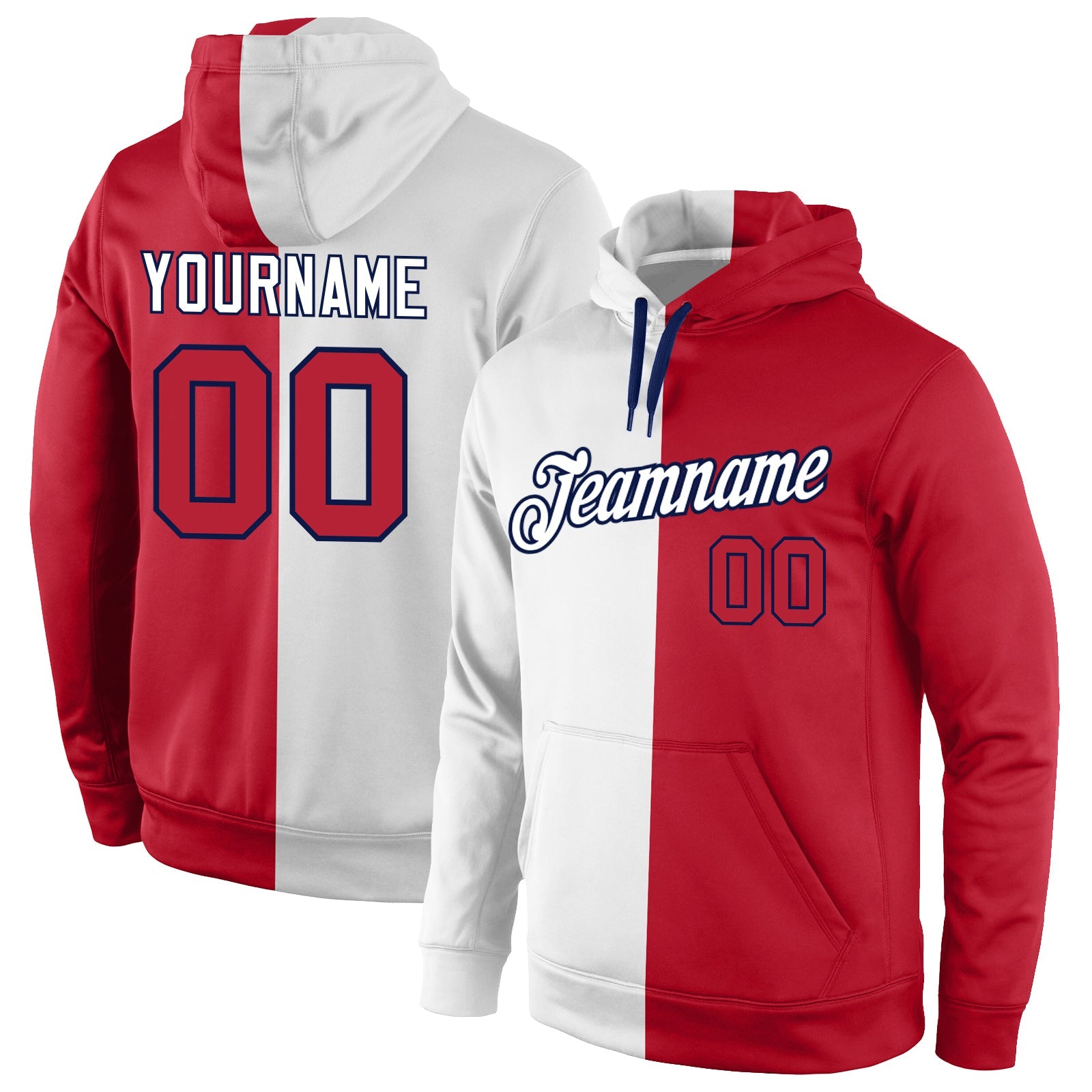 Custom Stitched White Red-Navy Split Fashion Sports Pullover Sweatshirt Hoodie - Main View