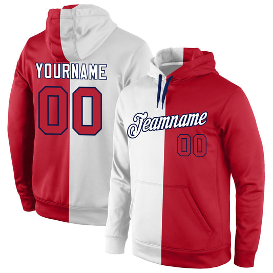 Custom Stitched White Red-Navy Split Fashion Sports Pullover Sweatshirt Hoodie - Main View