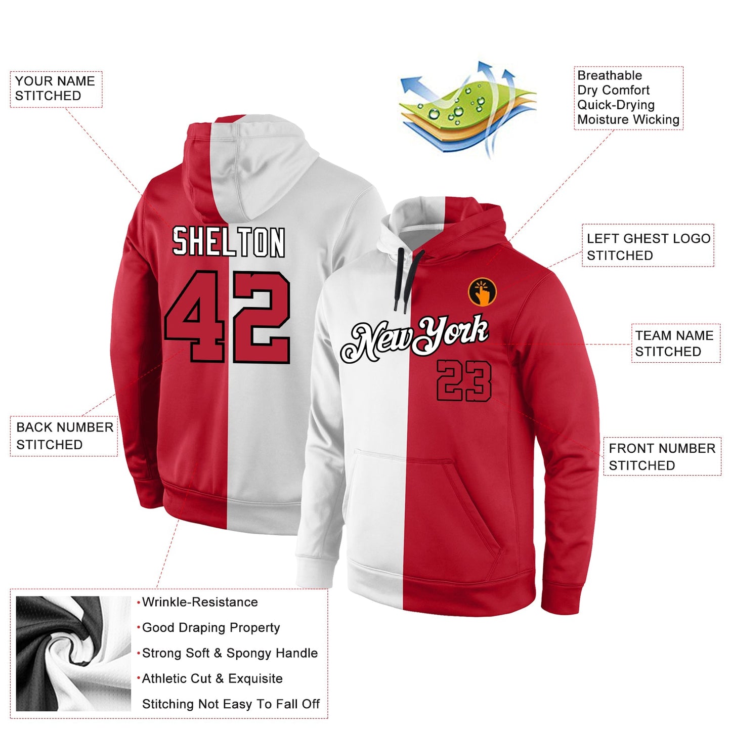 Custom Stitched White Red-Black Split Fashion Sports Pullover Sweatshirt Hoodie view 4