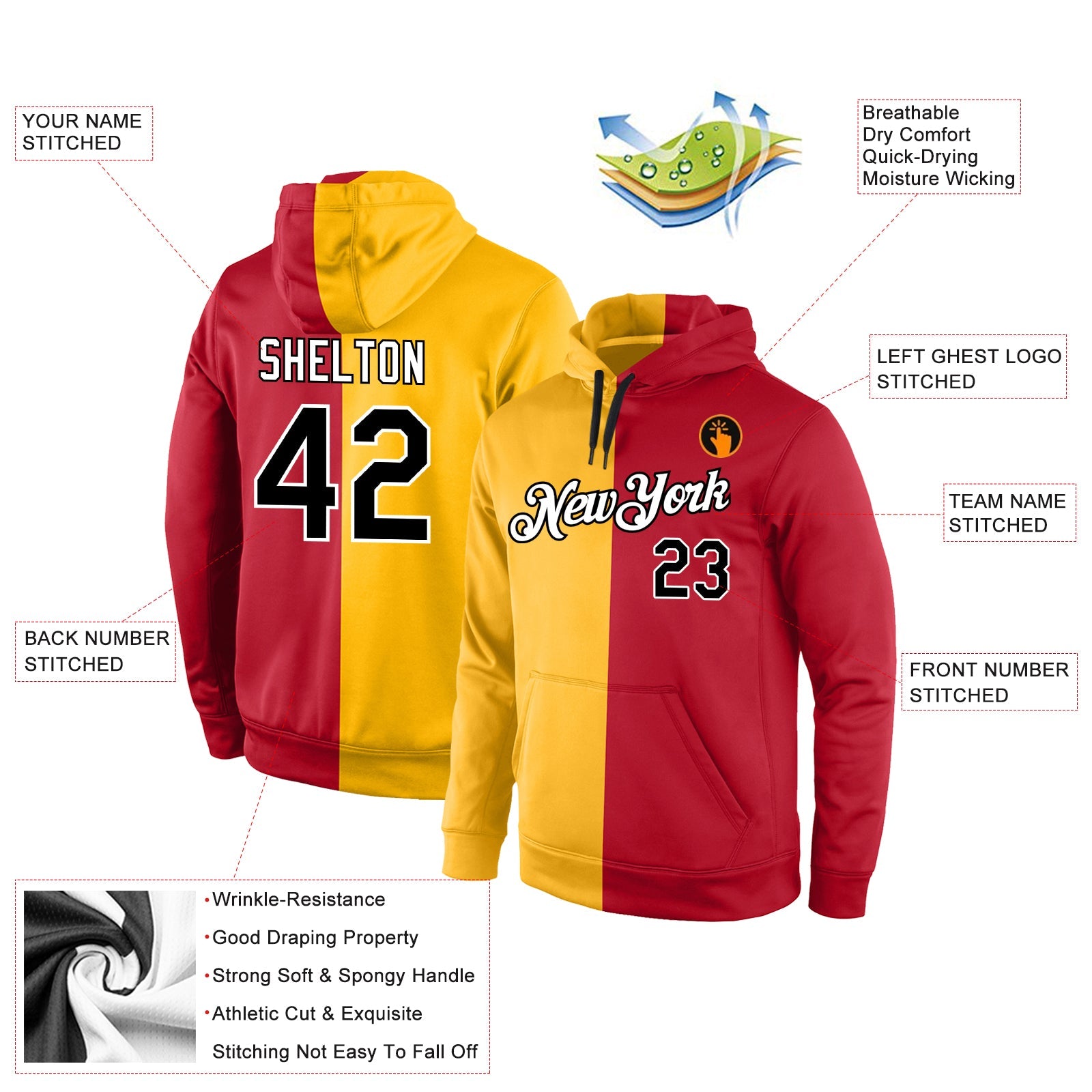 Custom Stitched Gold Black-Red Split Fashion Sports Pullover Sweatshirt Hoodie view 4
