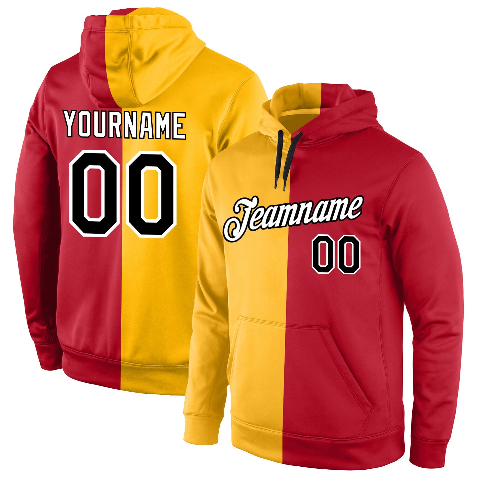 Custom Stitched Gold Black-Red Split Fashion Sports Pullover Sweatshirt Hoodie - Main View