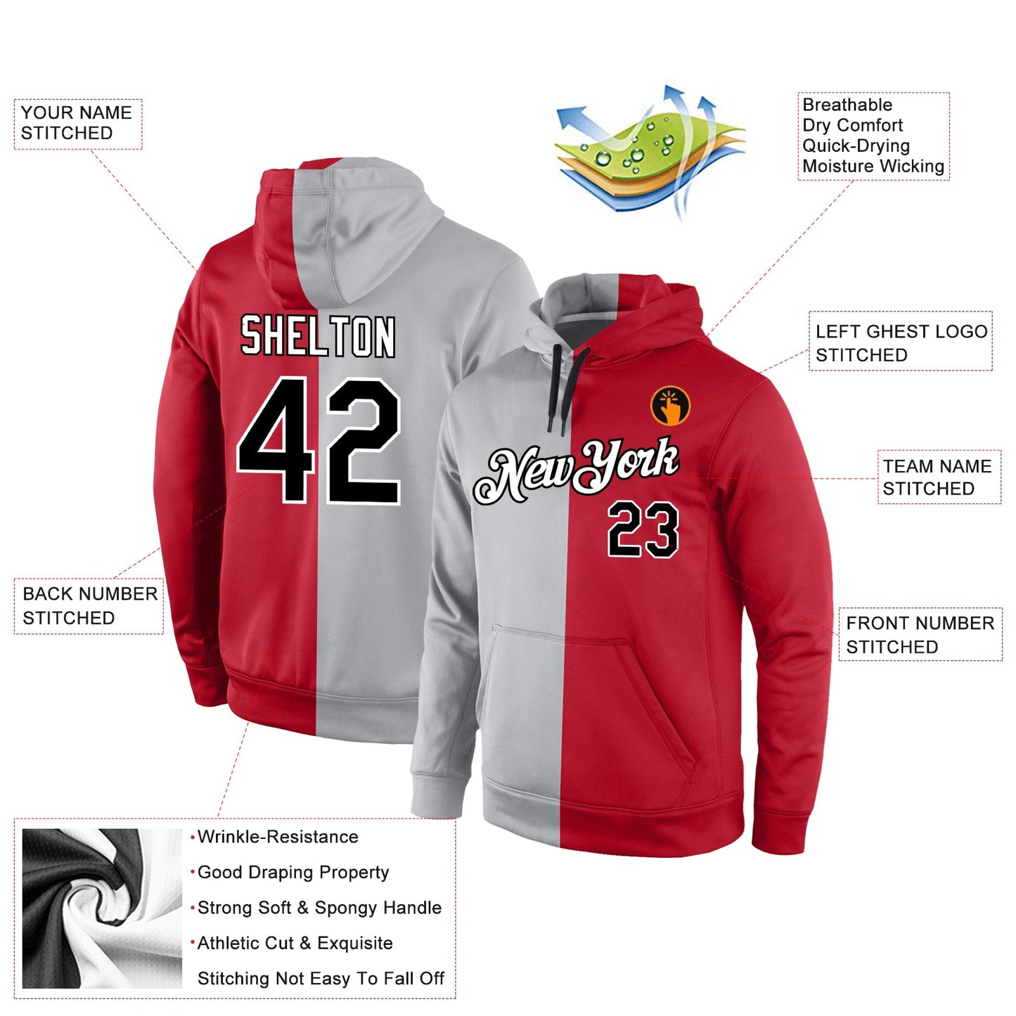 Custom Stitched Gray Black-Red Split Fashion Sports Pullover Sweatshirt Hoodie view 4