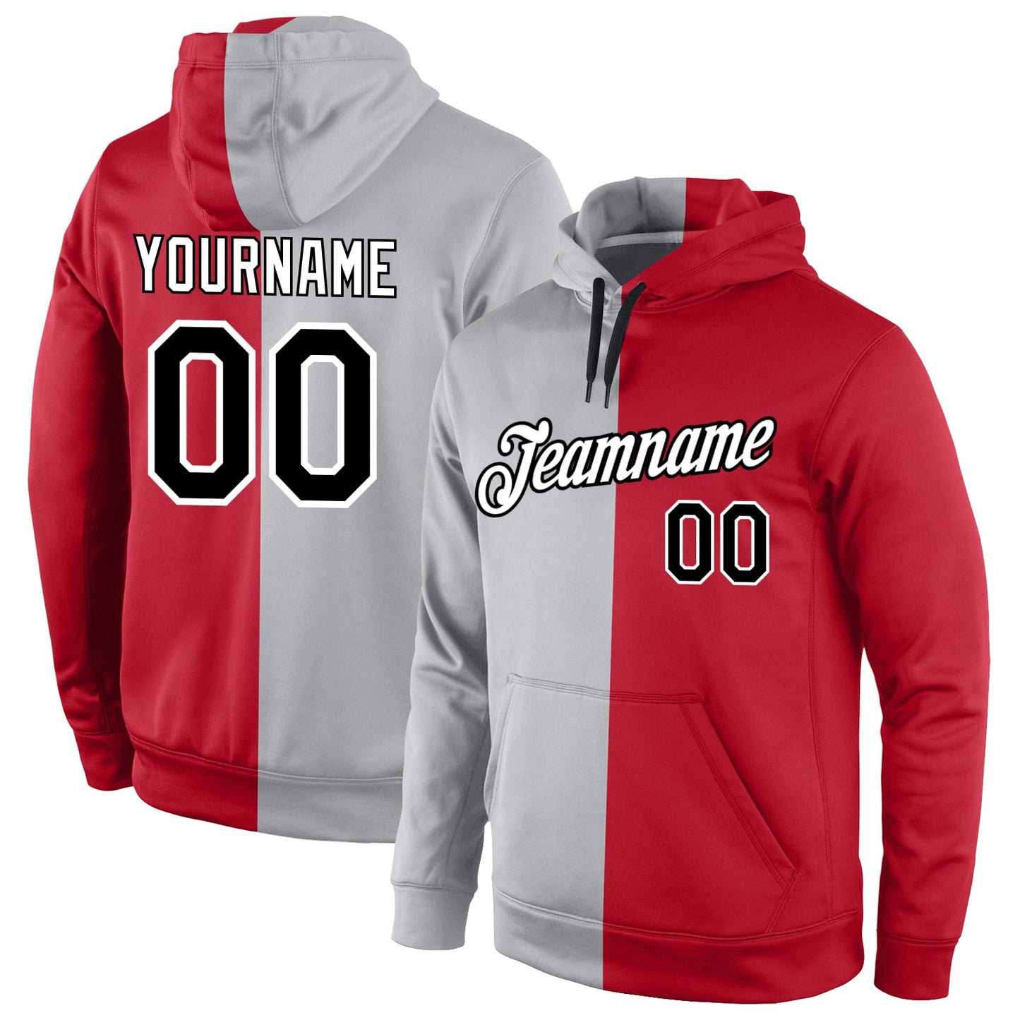 Custom Stitched Gray Black-Red Split Fashion Sports Pullover Sweatshirt Hoodie - Main View