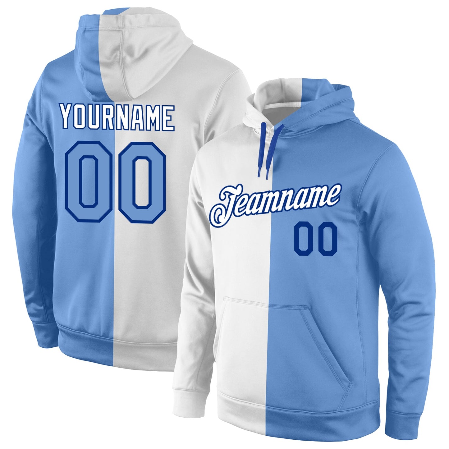 Custom Stitched White Light Blue-Royal Split Fashion Sports Pullover Sweatshirt Hoodie - Main View