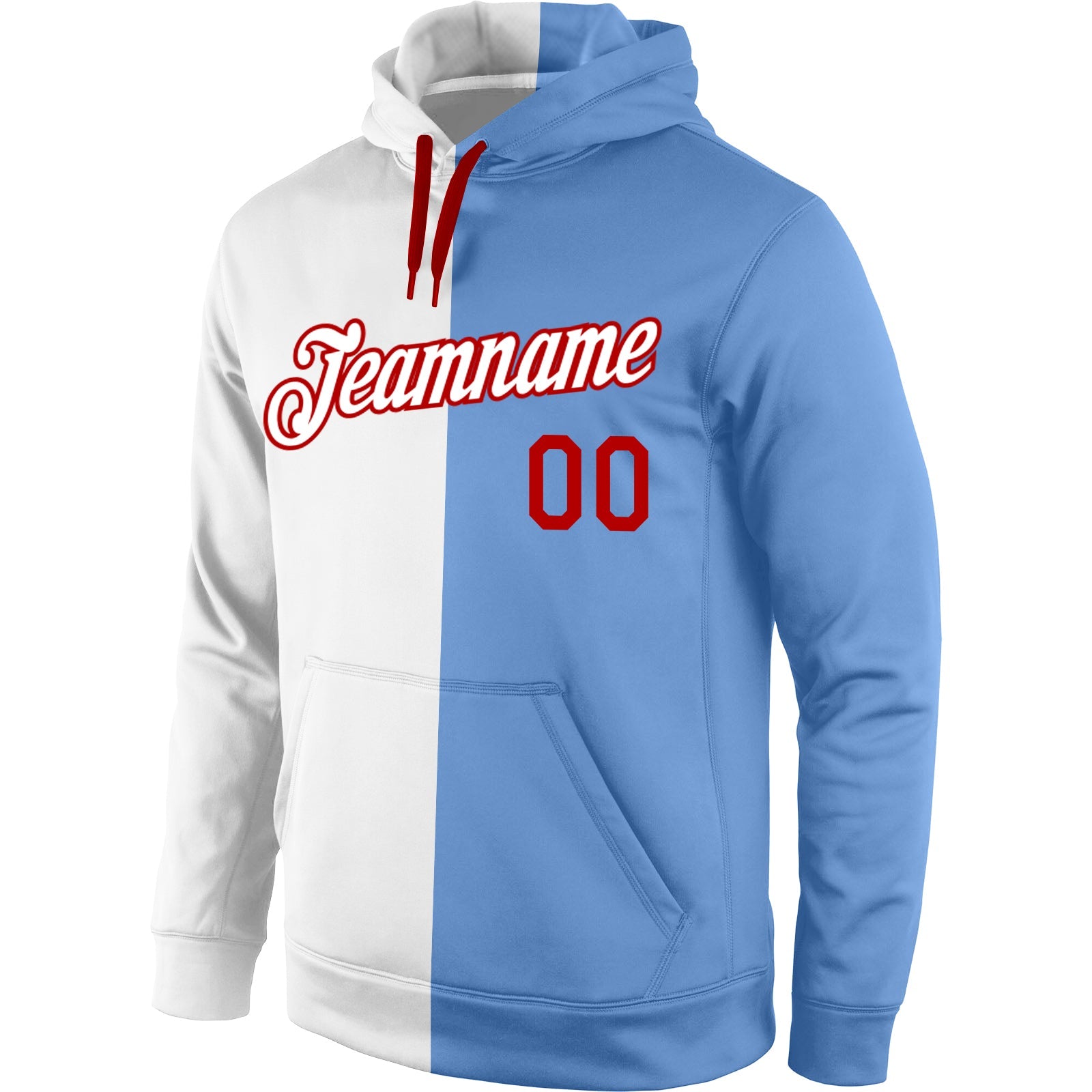 Custom Stitched White Light Blue-Red Split Fashion Sports Pullover Sweatshirt Hoodie view 2