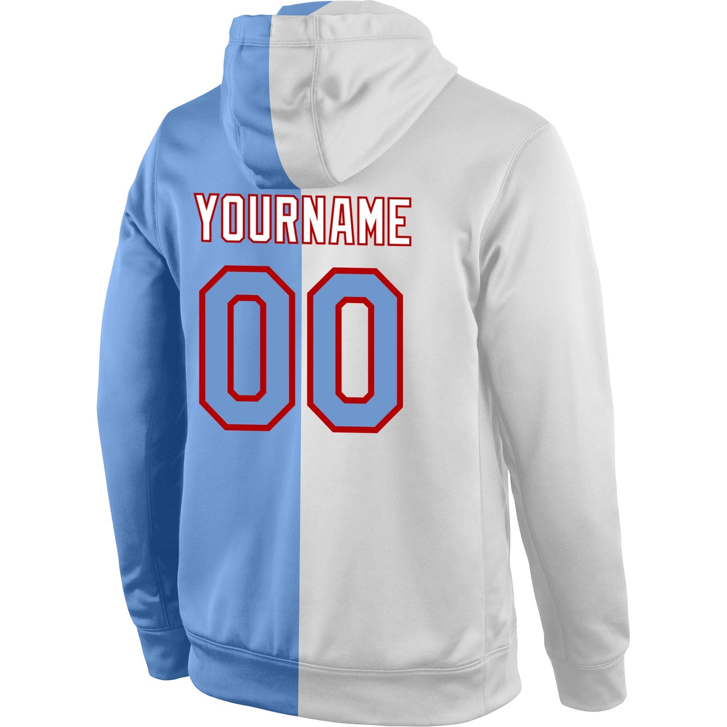 Custom Stitched White Light Blue-Red Split Fashion Sports Pullover Sweatshirt Hoodie view 3