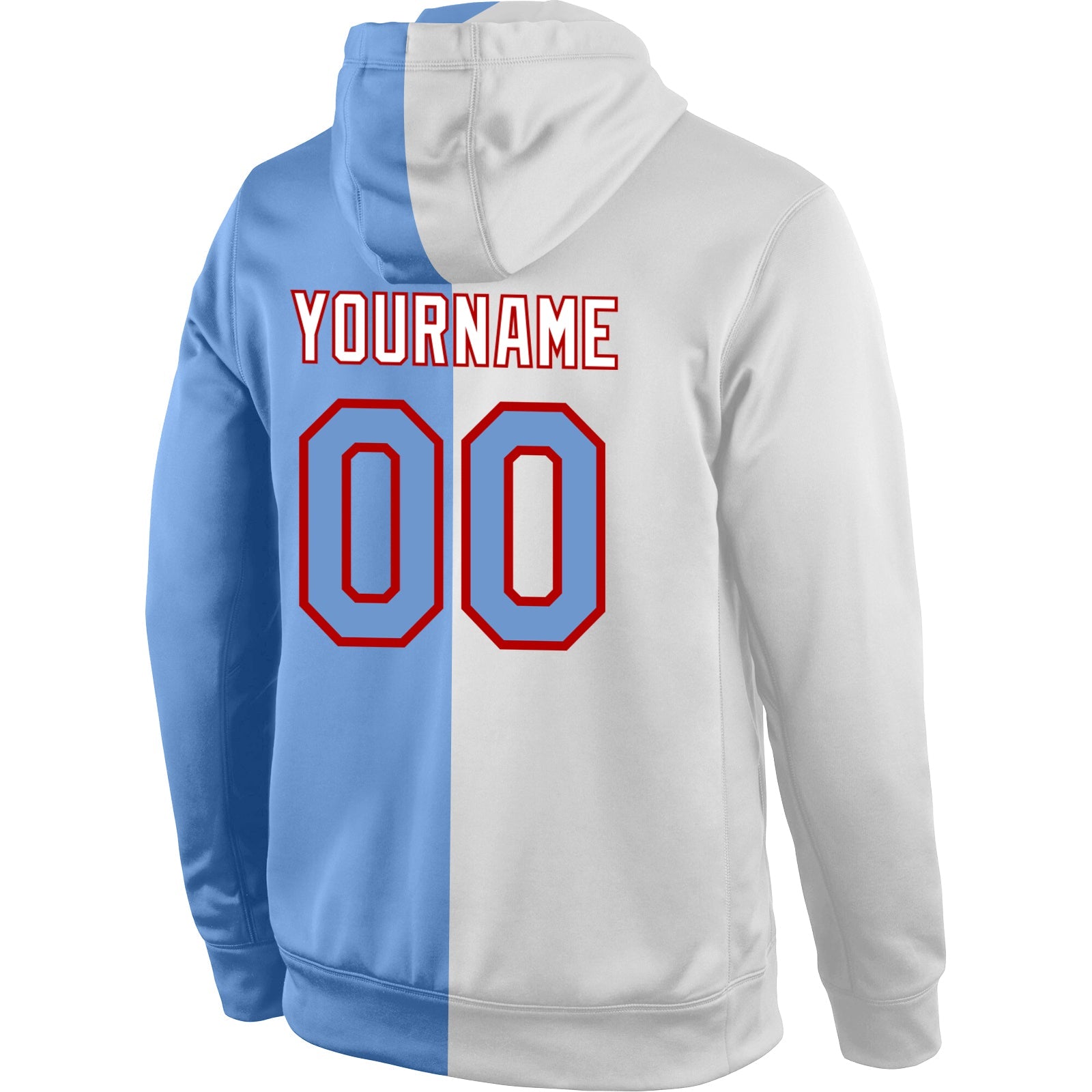 Custom Stitched White Light Blue-Red Split Fashion Sports Pullover Sweatshirt Hoodie view 3